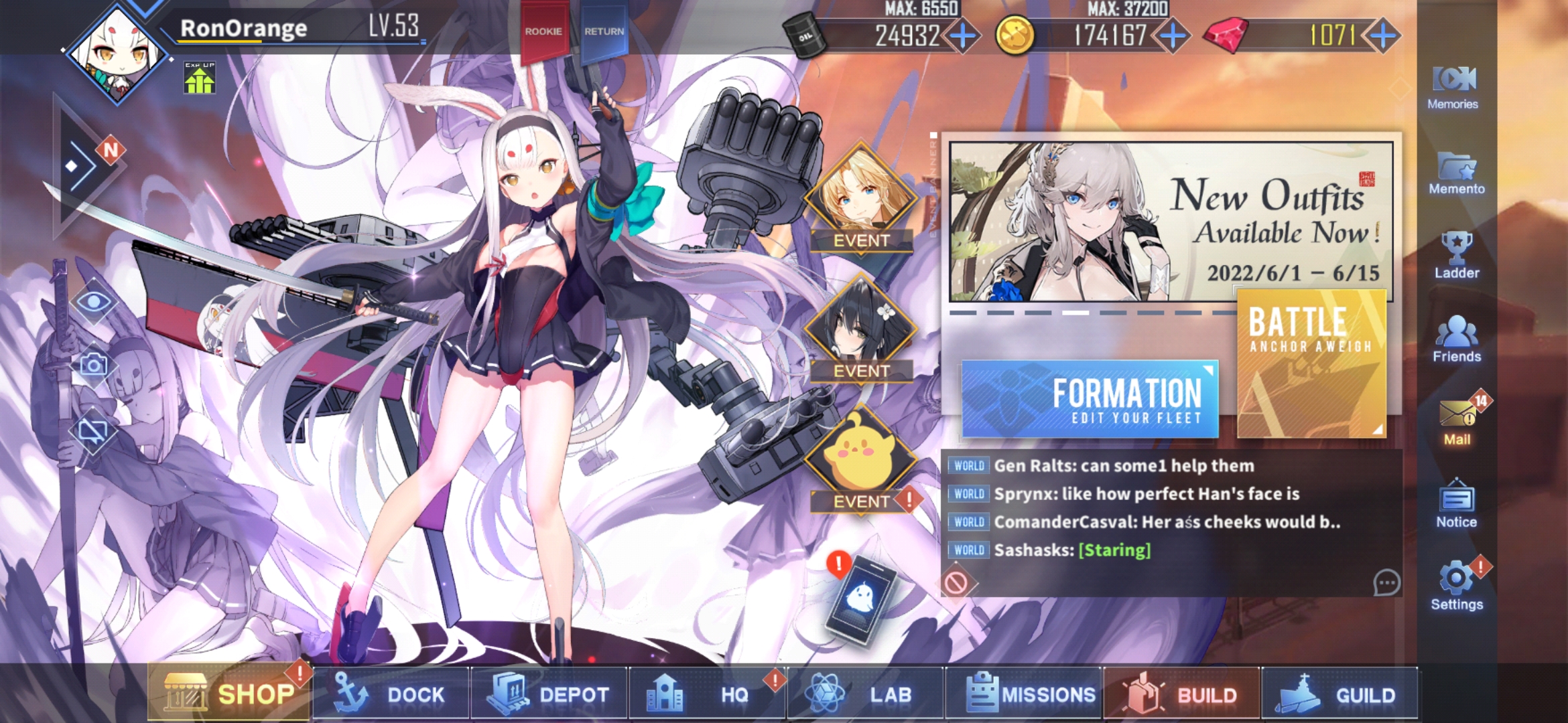 Игра:Azur lane Аккаунт 53 уровня.