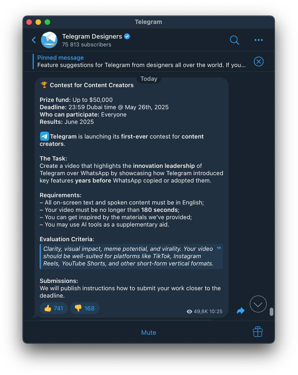 Telegram объявил конкурс с призовым фондом в 50 тысяч долларов.
